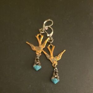 Quirky Bird Design Earrings with Turquoise Accents